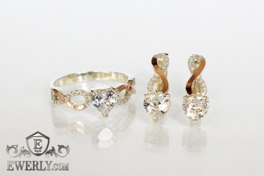 Серебряные серёжки и кольцо с сердцем (камень белого цвета), фото