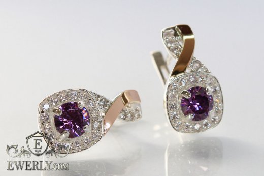 Серебряные серёжки с камнями (фианиты аметистового цвета), фото